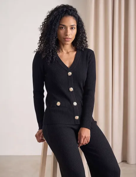 Button Detail Knitted Top Black Mix