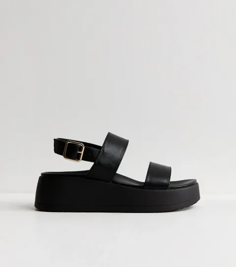 Women's Wide Fit Black Faux Leather Flatform Sandals Vegan