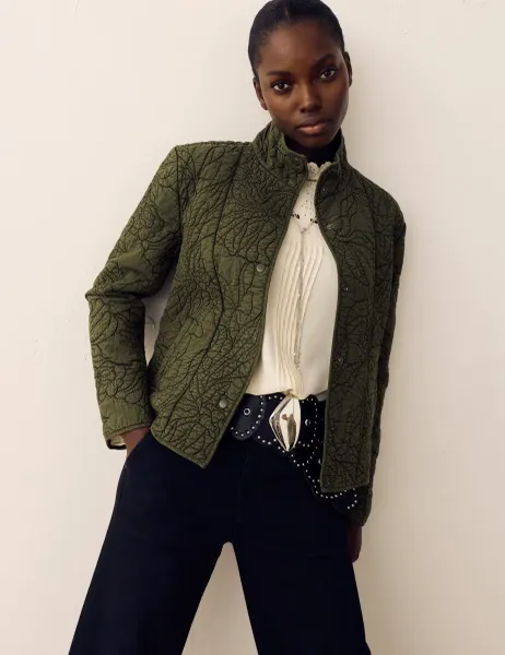 Per Una Embroidered Quilted Funnel Neck Jacket Khaki