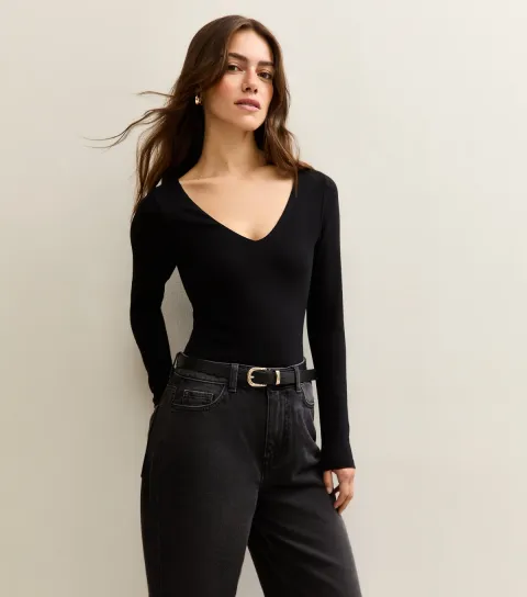 Women's Petite Black V-Neck Bodysuit