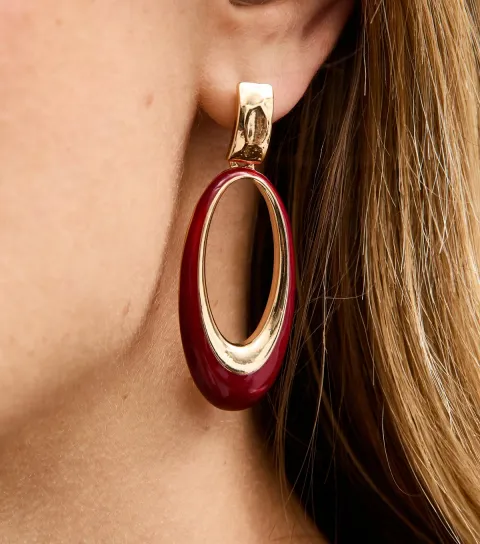 Gold Tone Dark Burgundy Oval Drop Earrings
