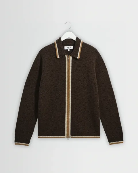 Lennox - Brown and Natural Long-Sleeve Knitted Zip Polo