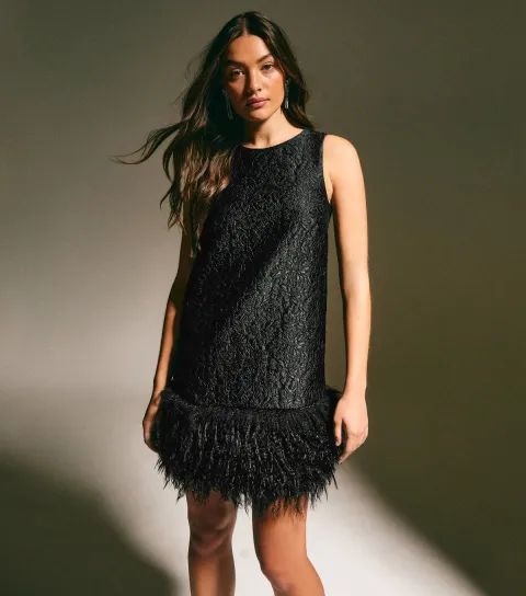 Women's Black Floral Jacquard Faux Fur Hem Mini Dress