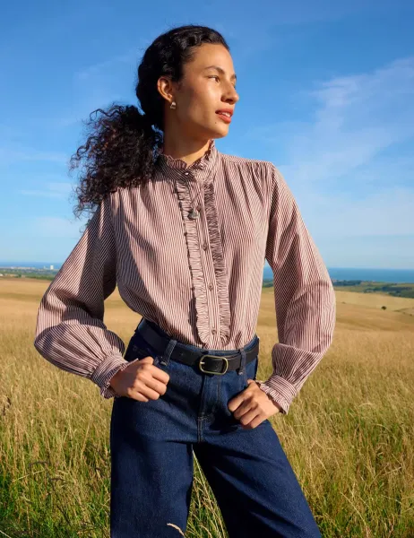 White Stuff Pure Cotton Collared Frill Detail Shirt Brown Mix