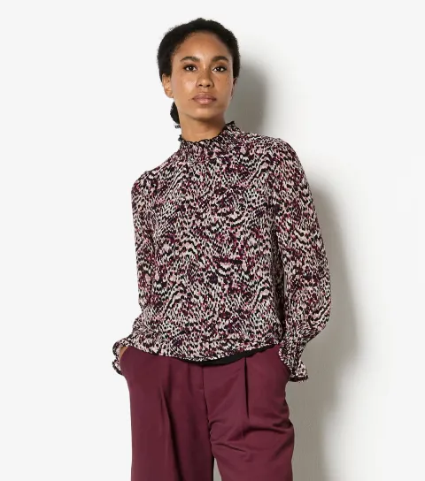 Women's Red Animal Print Long Sleeve Smocked Top