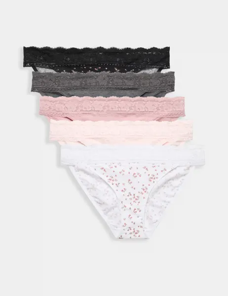 Marks & Spencer 5 Pack Cotton & Lace Bikini Knickers Black Mix