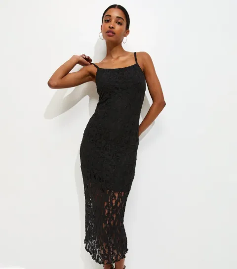 New Look Women's Black Floral Lace Strappy Midi Dress