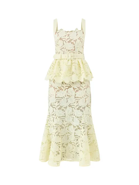 Self-Portrait Yellow Lace Peplum Midi Dress