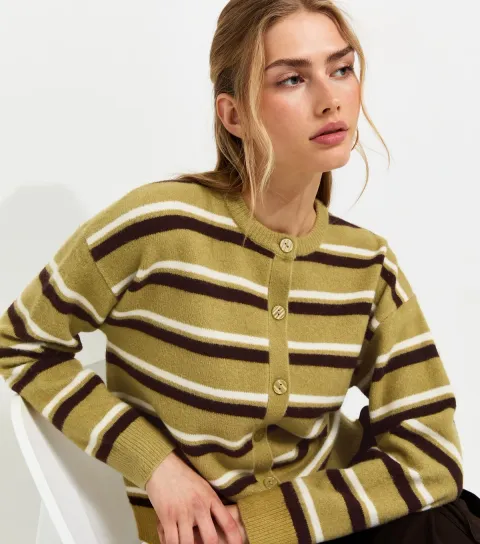 Women's Green Knitted Stripe Cardigan