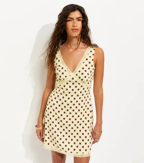 Women's Light Yellow Crinkled Polka Dot Sleeveless Mini Dress