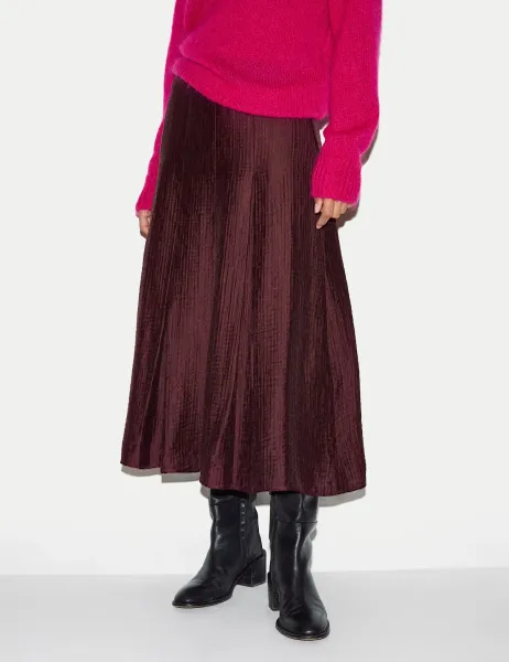 Jigsaw Textured Pleated Midi Flared Skirt Burgundy