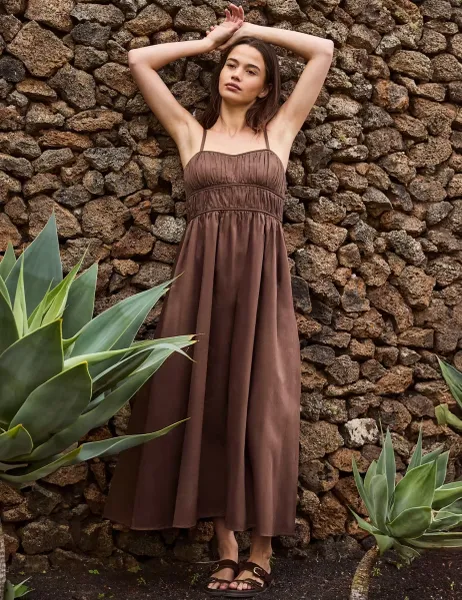 RO&ZO Pure Cotton Sweetheart Neckline Midaxi Dress Brown