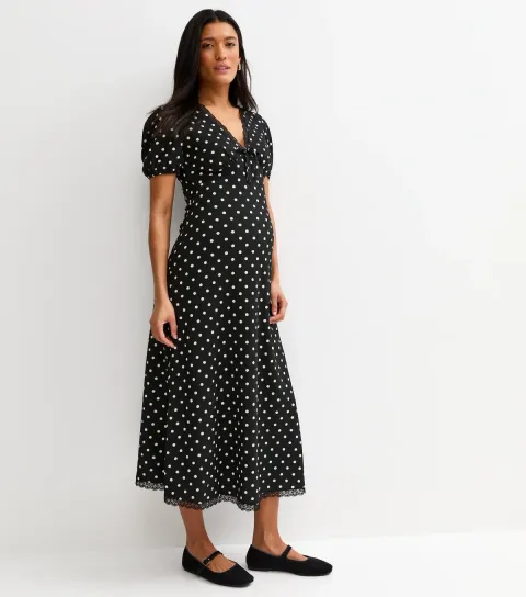 Women's Maternity Black Polka Dot Lace Trim Midi Dress