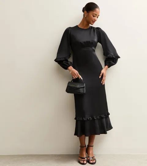 Women's Black Satin Frill Trim Midi Dress