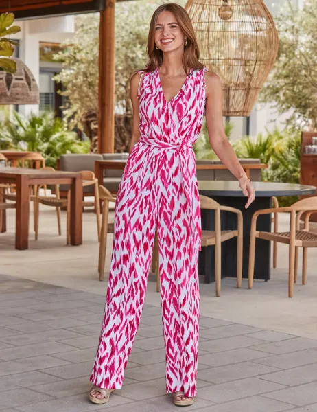 SOSANDAR Belted Tie Detail Wrap Wide Leg Jumpsuit Pink Mix