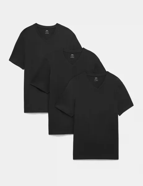 Marks & Spencer 3 Pack Pure Cotton V-Neck T-Shirts Black