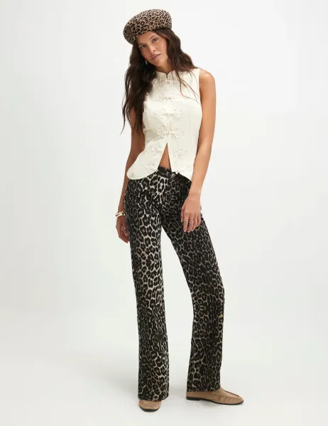 River Island Leopard Print Slim Fit Straight Leg Jeans Beige