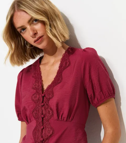 New Look Women's Dark Burgundy Lace Button Tea Blouse