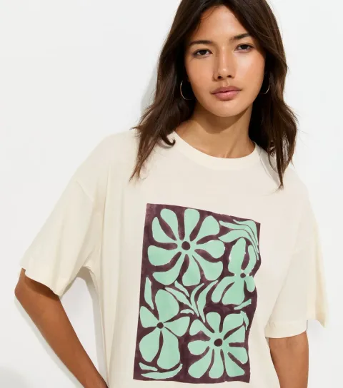Women's Off White Cotton Abstract Flower Print Oversized T-Shirt