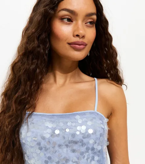 Women's Petite Blue Sequinned Strappy Maxi Dress