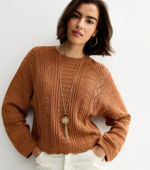 Women's Tan Cotton Rich Stitch Knit Batwing Sleeve Jumper