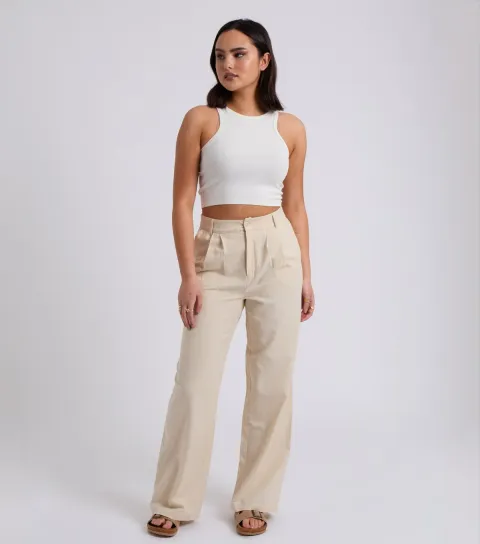 Women's Stone Cotton Blend Wide Leg Trousers