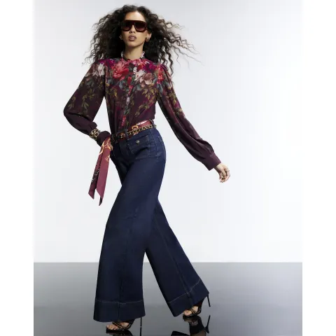 River Island Burgundy Floral Frill Collar Blouse