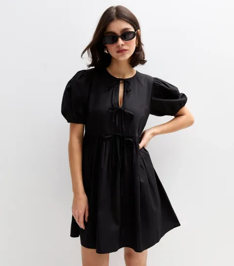 Women's Black Tie Front Bow Detail Mini Dress