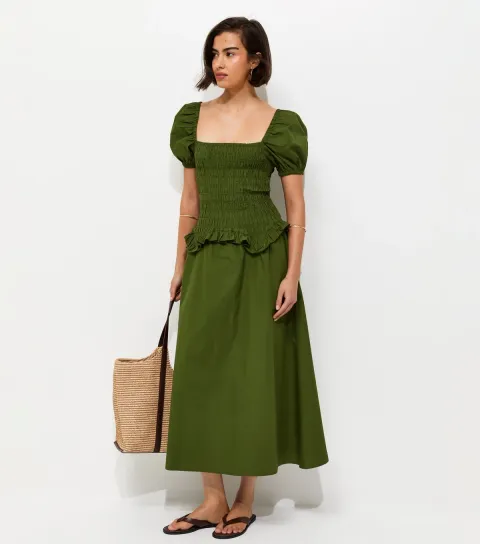 Women's Dark Khaki Shirred Dropped Waist Midi Dress