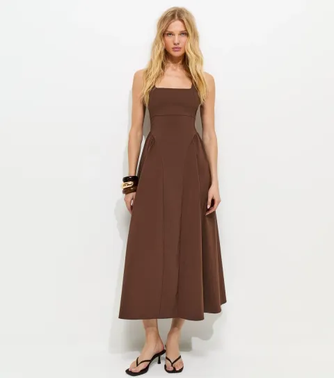 Women's Brown Square Neck Gathered Hips Midi Dress