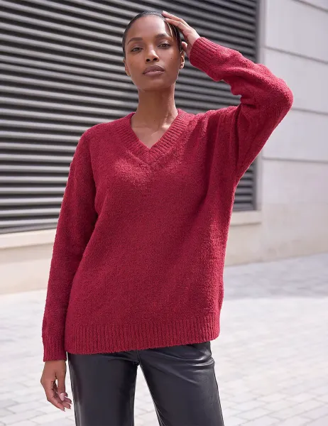 Roman Fleece V Neck Jumper Burgundy Mix
