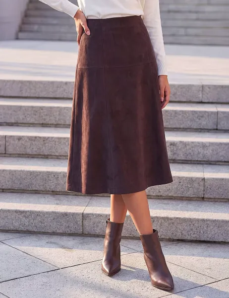 Roman Petite Suede A-Line Skirt Dark Brown