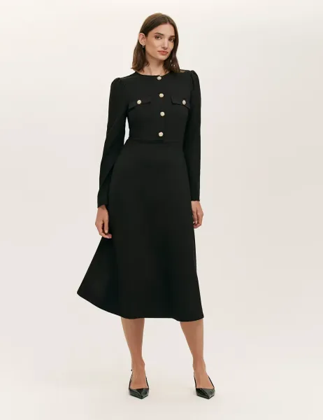 Finery London Ponte Jersey Button Through Midi Skater Dress Black
