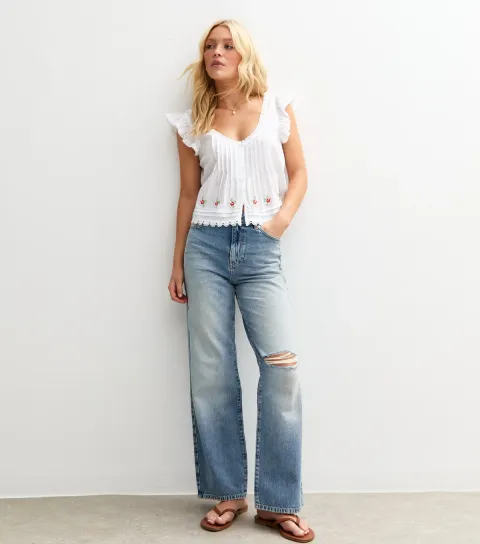Women's Blue High Waist Ripped Knee Adalae Wide Leg Jeans
