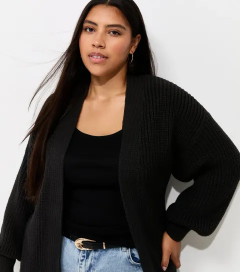 New Look Women's Plus Size Black Ribbed Knit Balloon Sleeve Cardigan Curves