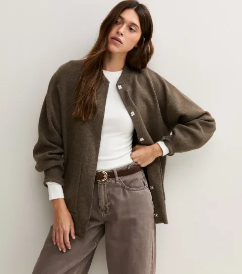 New Look Women's Dark Mink Compact Knit Longline Bomber Jacket