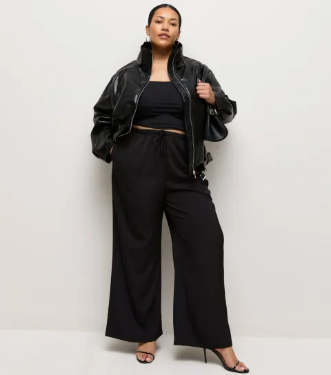 New Look Women's Plus Size Black Satin Wide Leg Trousers Curves