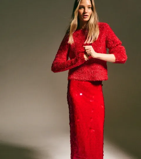 Women's Red Sparkle Knit Crew Neck Jumper