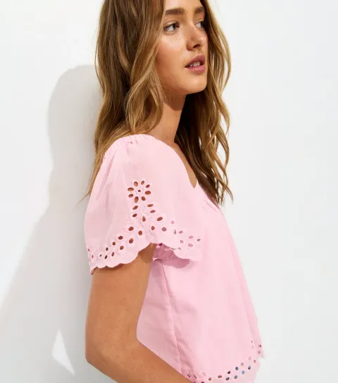 New Look Women's Pink Embroidered Square Neck Blouse