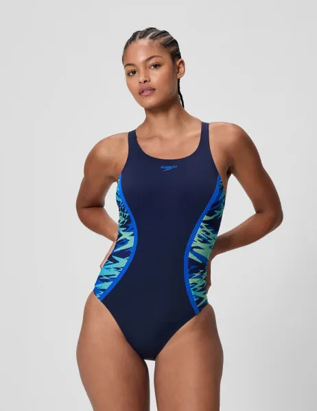 Speedo Hyperboom Splice Printed Racerback Swimsuit Blue Mix