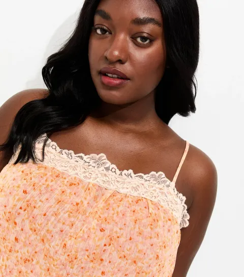 Women's Plus Size Pink Floral Chiffon Lace Trim Cami Top Curves