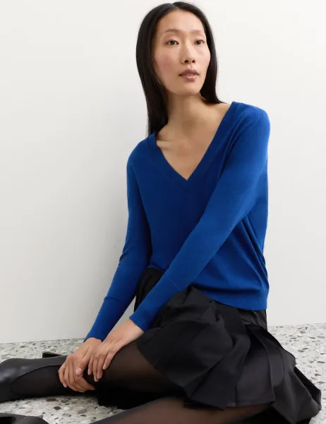 Jaeger Merino Wool with Silk V-Neck Jumper Bright Blue