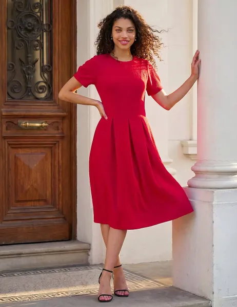 Roman Petite Textured Midi Skater Dress Red Mix