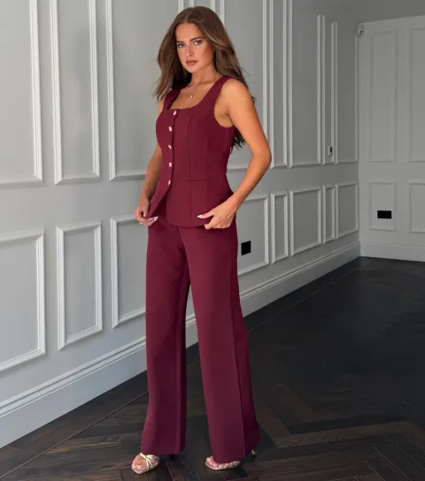 Girl In Mind Women's Dark Burgundy Front Pleat Tailored Wide Leg Trousers