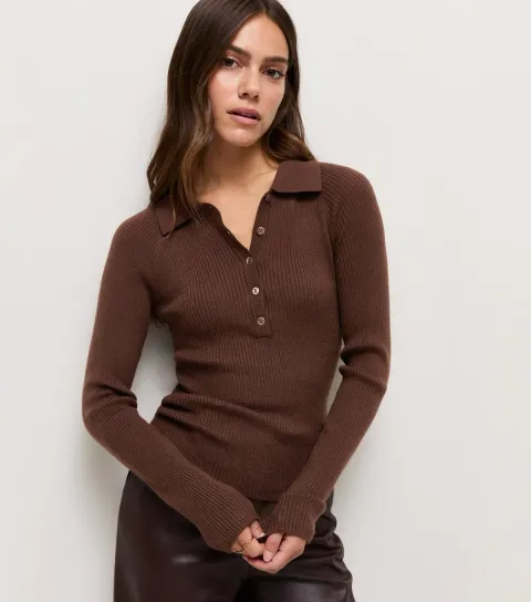 Women's Petite Dark Brown Lightweight Rib Polo Shirt