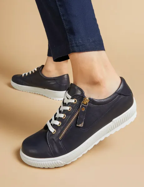 Jones Bootmaker Wide Fit Leather Lace Up Trainers Navy