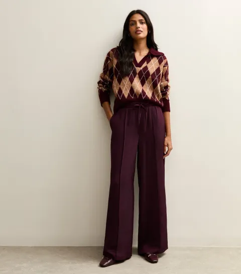 Women's Burgundy Satin Drawstring Waist Wide Leg Trousers