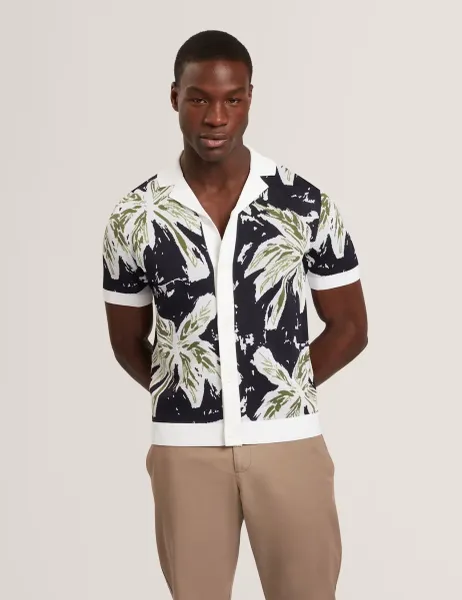 Ted Baker Regular Fit Floral Knitted Shirt Navy