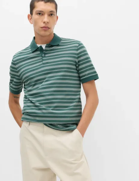 Marks & Spencer Pure Cotton Yarn Dye Striped Polo Shirt Cedar