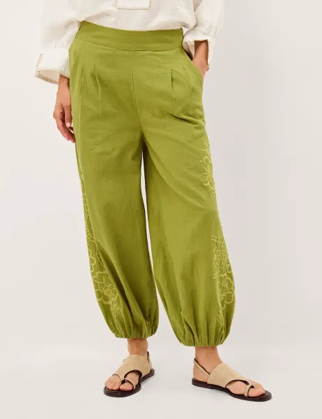 Monsoon Pure Cotton Embroidered Cuffed Trousers Green
